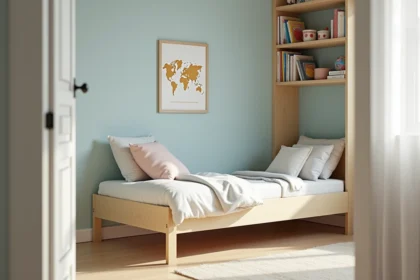 Chambre d'enfant bien organisée de 9 m² avec lit simple en bois, étagères murales colorées et coin lecture aménagé