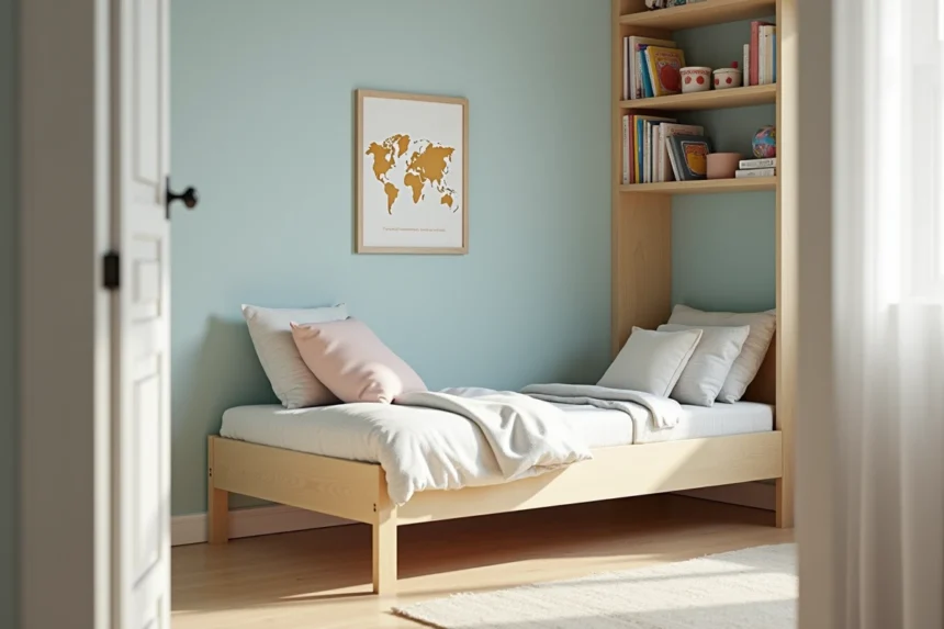 Chambre d'enfant bien organisée de 9 m² avec lit simple en bois, étagères murales colorées et coin lecture aménagé