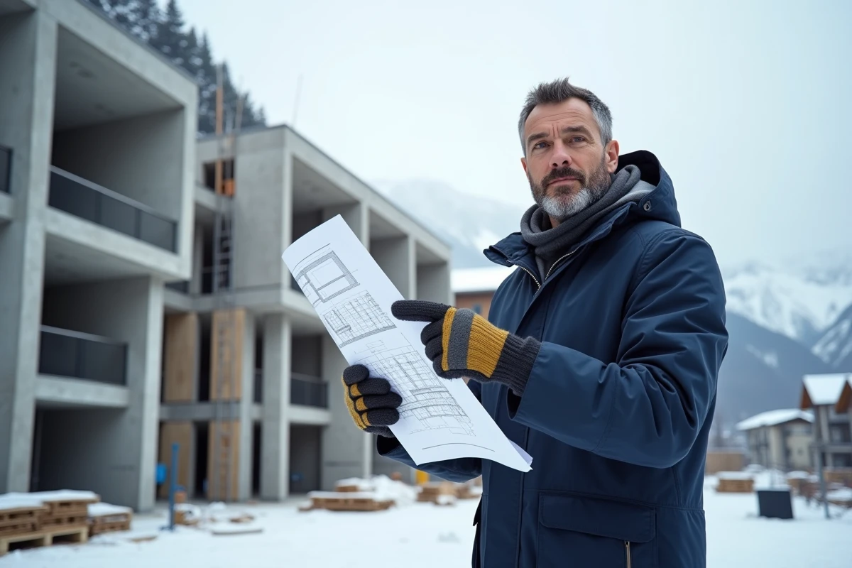 Architecte sur un chantier en construction VEFA dans une station de ski des Alpes en hiver
