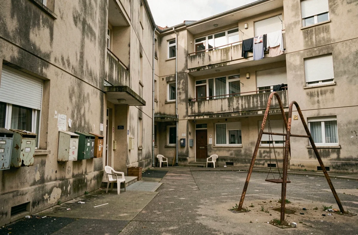 Cour intérieure d'une cité HLM à Blois avec immeubles vétustes et infrastructure dégradée