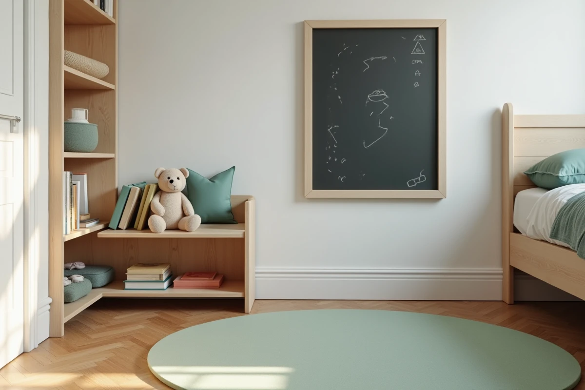 Coin jeu sécurisé dans une chambre d'enfant avec étagère basse, tapis en mousse et tableau ardoise mural