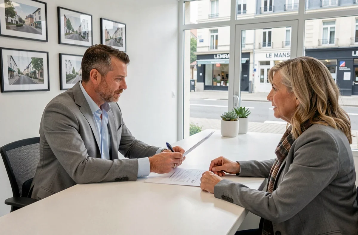 Agent Coldwell Banker Val Property en consultation avec des clients dans l'agence immobilière du Mans