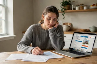 Femme comparant des contrats d'assurance habitation sur son ordinateur portable à une table en bois