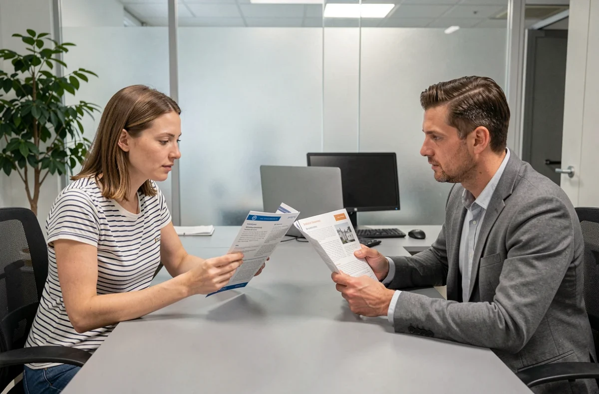 Couple comparant des garanties d'assurance habitation locataire et propriétaire avec un conseiller en agence