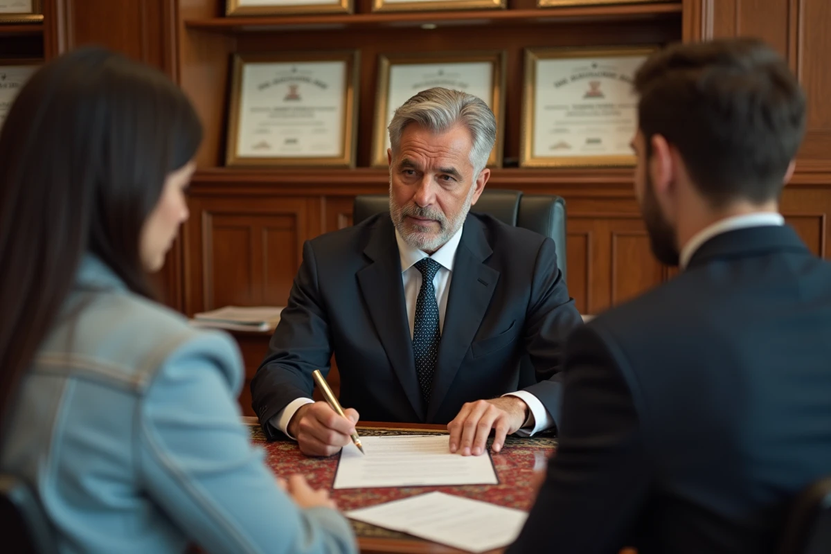 Un avocat immobilier marocain conseille un jeune couple lors d'une transaction immobilière dans son bureau à Agadir