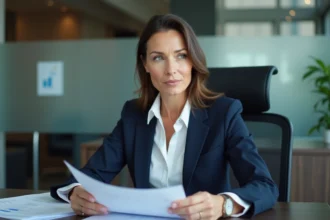 Conseillère bancaire en costume marine examinant des documents financiers lors d'un entretien de défiscalisation