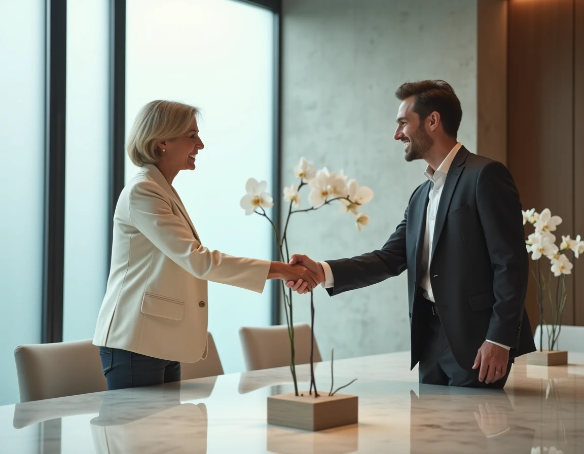 Conseillère immobilière de prestige concluant une transaction confidentielle avec un client dans une salle de réunion haut de gamme