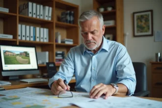 Homme consultant un plan cadastral et des documents fonciers pour identifier le propriétaire d'une parcelle