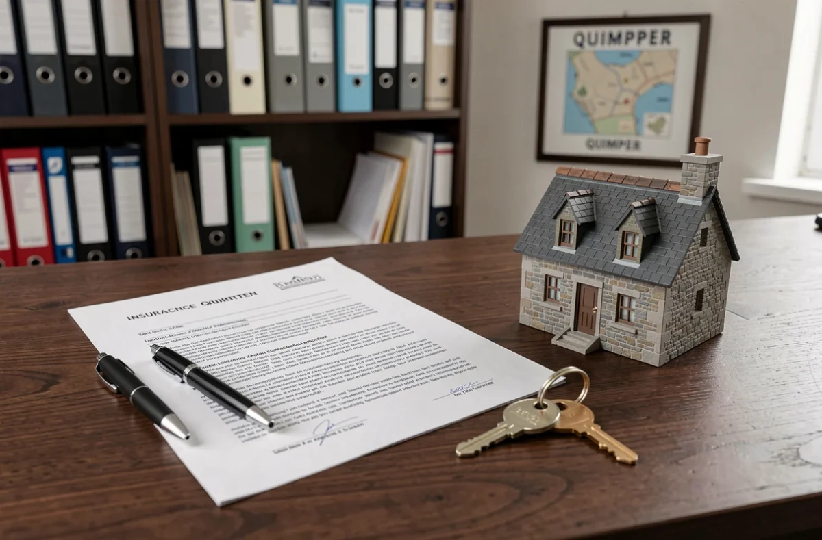 Documents de contrat d'assurance habitation avec clé de maison sur un bureau à Quimper