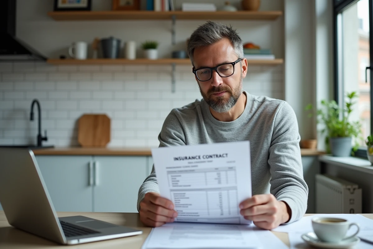 Homme étudiant un contrat d'assurance immobilière en indivision à son domicile avec un ordinateur portable