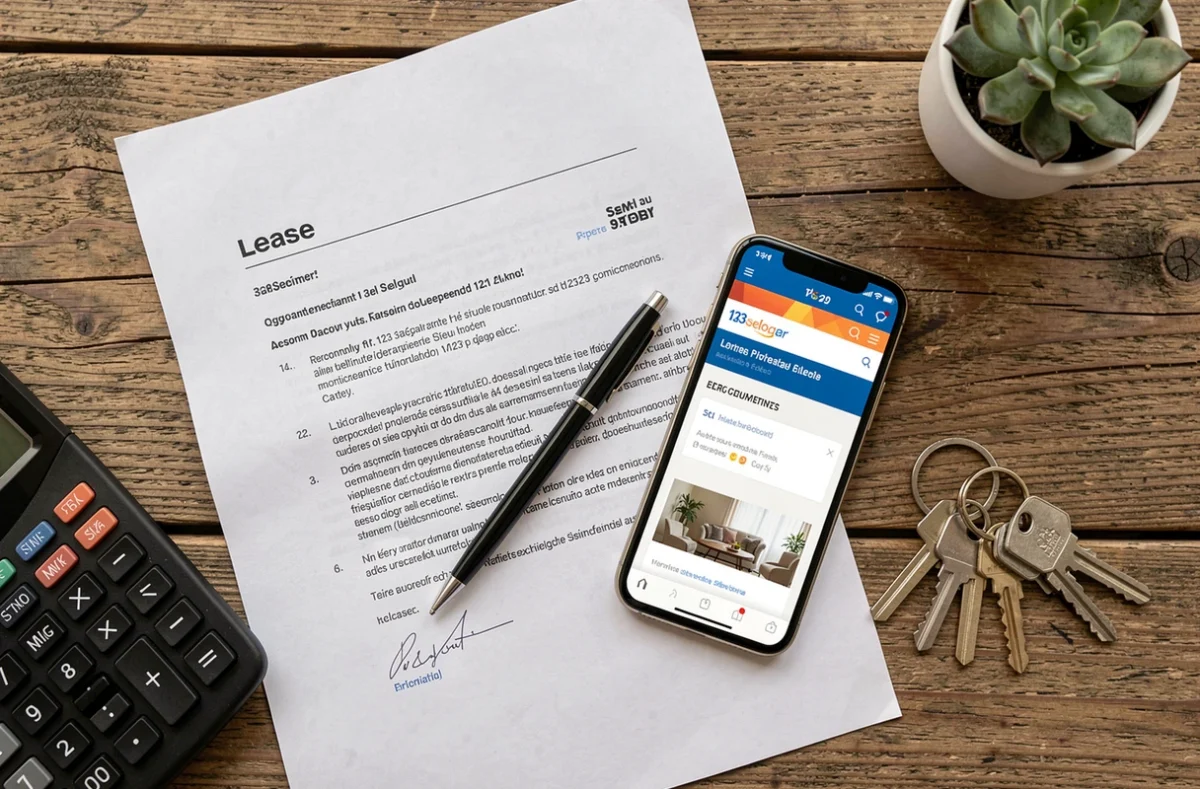 Contrat de location, smartphone avec plateforme immobilière et clés d'appartement sur un bureau en bois