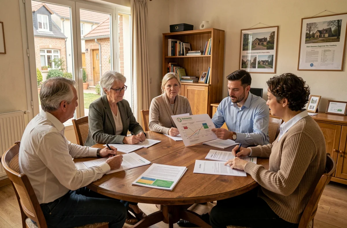 Réunion d'une coopérative d'accession sociale à la propriété en Seine-Saint-Denis avec des futurs propriétaires étudiant leur dossier
