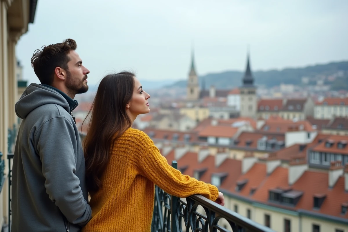 Couple observant le panorama des toits de Lyon depuis un balcon haussmannien du 6ème arrondissement