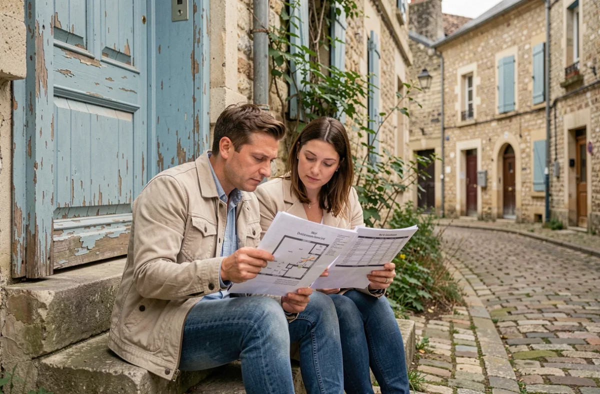 Couple étudiant leur budget pour acheter une maison abandonnée dans un village d'Île-de-France