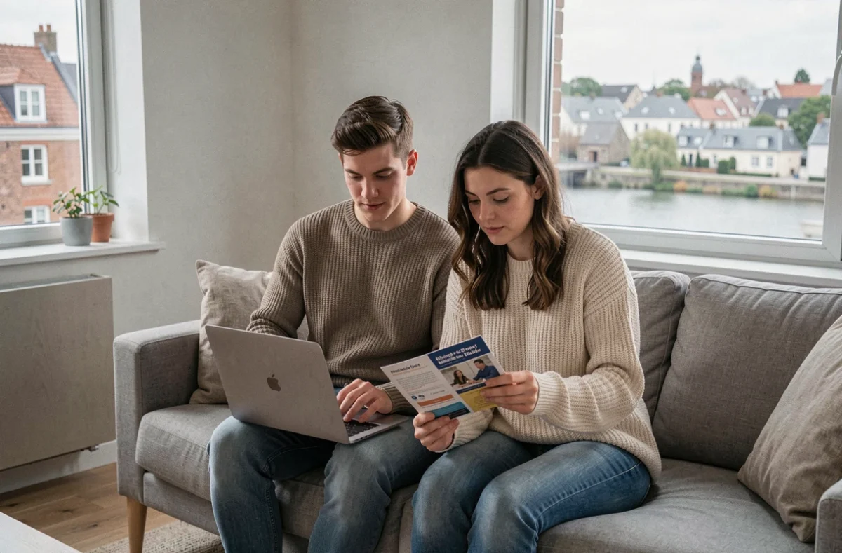 Couple comparant des offres d'assurance habitation dans un appartement moderne à Quimper