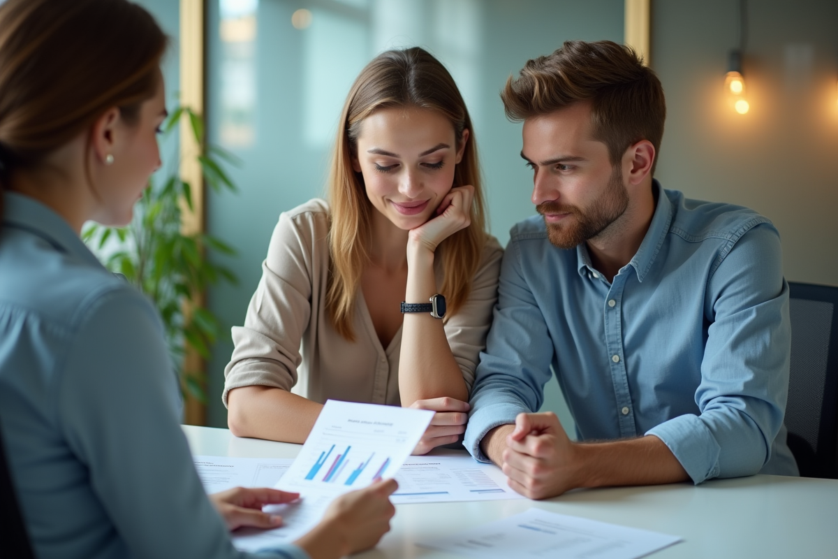 Jeune couple discutant avec un conseiller financier au bureau