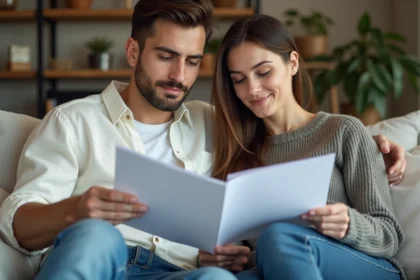 Jeune couple dans un salon cosy examine des documents de location