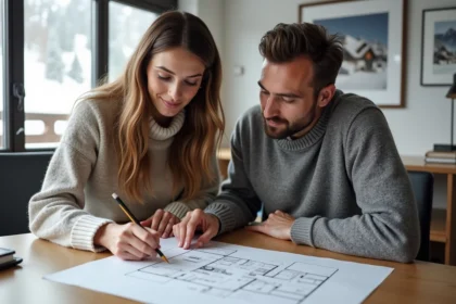 Couple examinant un contrat VEFA et des plans d'appartement dans une agence immobilière aux Menuires