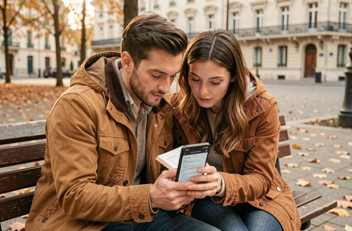 Couple cherchant un logement sur mobile assis sur un banc dans un square parisien en automne