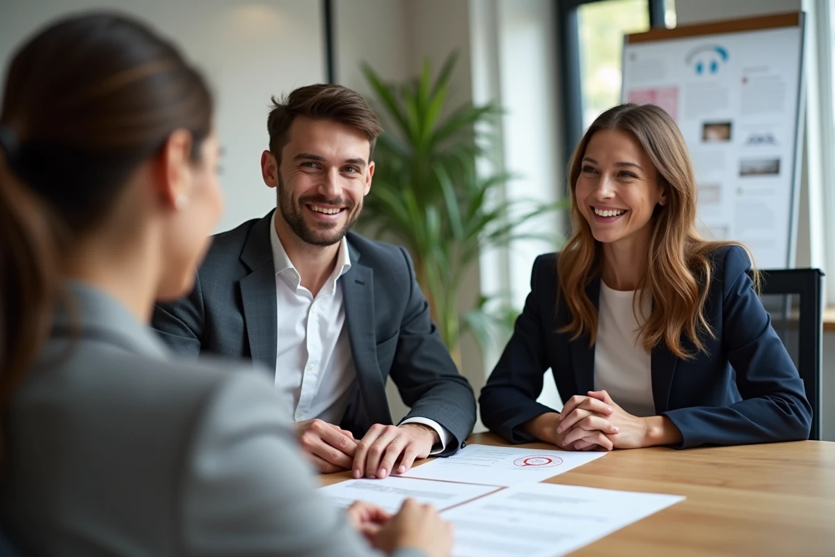 Jeune couple discutant avec une professionnelle du bâtiment