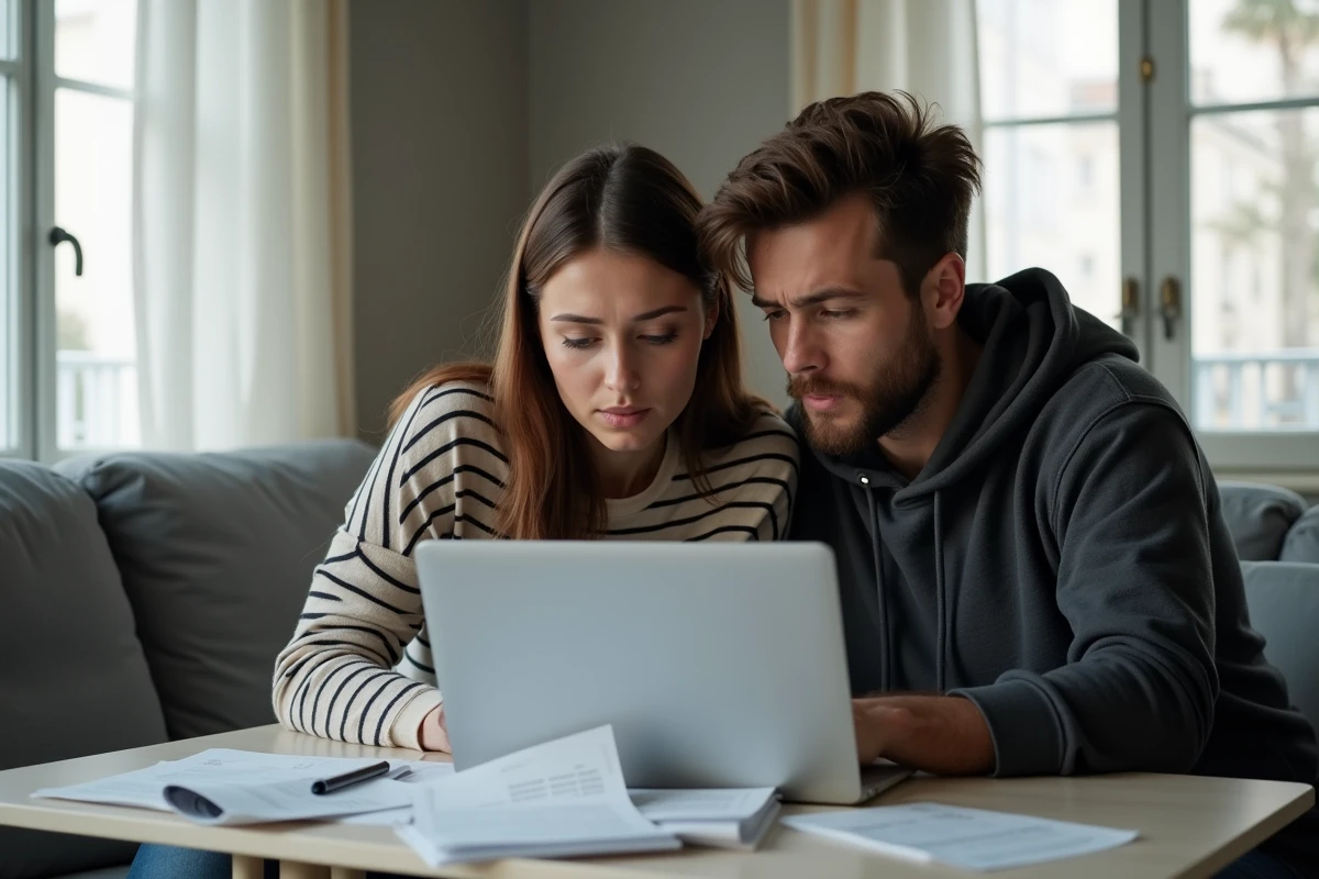 Couple vérifiant un dossier de location avec des justificatifs financiers sur une table dans un appartement en Normandie