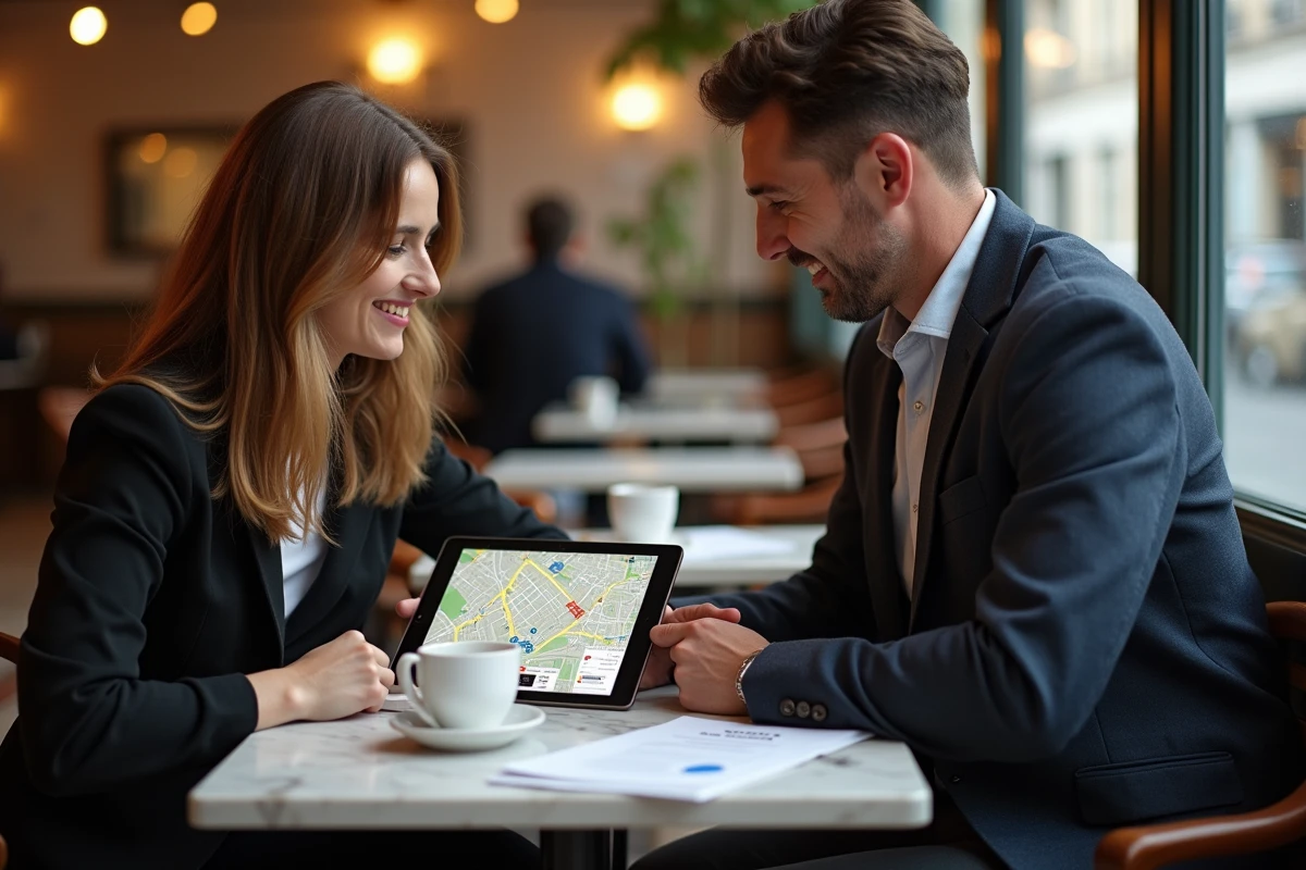 Couple discutant d'une estimation de loyer sur tablette dans un café lyonnais avant de fixer le prix de leur bien