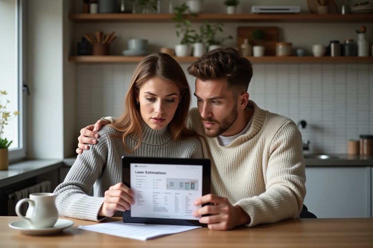 Couple lyonnais étudiant une estimation de loyer en ligne pour leur appartement à Lyon en 2026