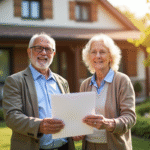 Couple âgé souriant tenant des documents officiels devant leur maison