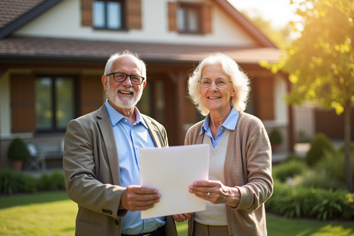 Couple âgé souriant tenant des documents officiels devant leur maison