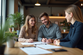 Jeune couple souriant avec agent immobilier dans un bureau