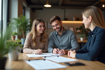 Jeune couple souriant avec agent immobilier dans un bureau