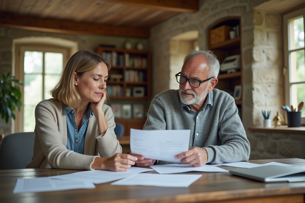Couple français discutant de vente immobilière à la maison