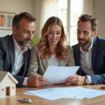 Couple confiant avec agent immobilier et documents de pret immobilier