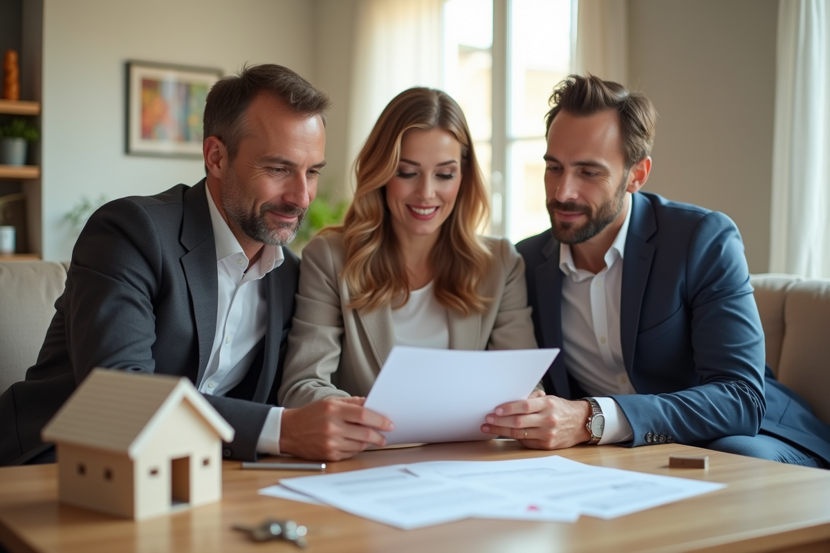 Couple confiant avec agent immobilier et documents de pret immobilier