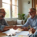 Couple souriant serrant la main d'un agent immobilier dans un salon lumineux