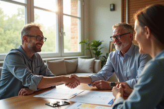 Couple souriant serrant la main d'un agent immobilier dans un salon lumineux