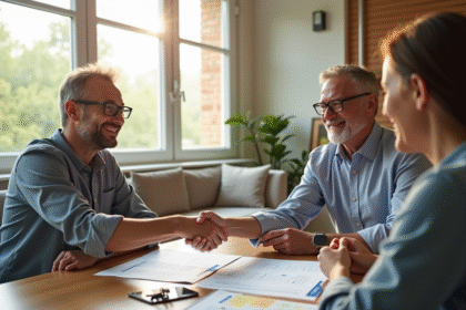 Couple souriant serrant la main d'un agent immobilier dans un salon lumineux