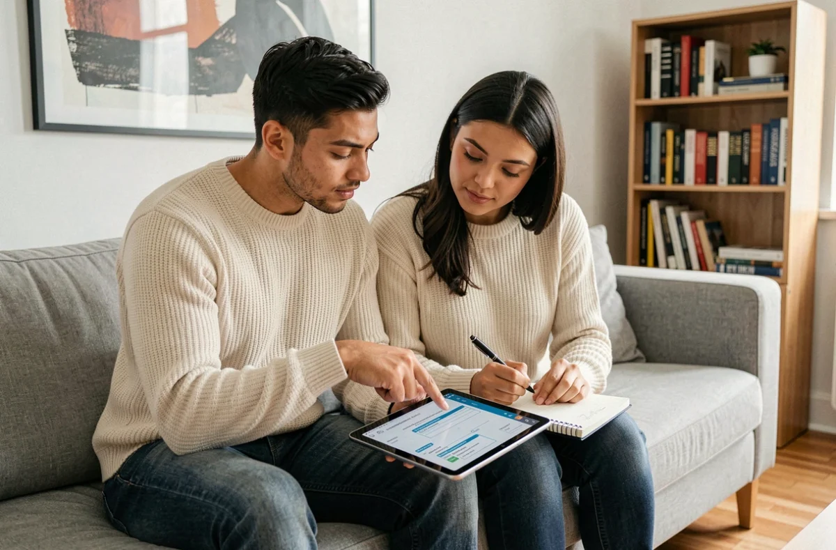 Couple de locataires consultant un contrat d'assurance loyer impayé sur une tablette dans leur appartement