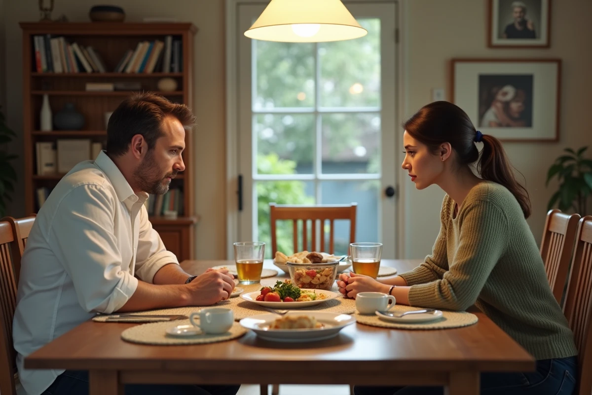 Couple en tension à table dans une maison occupée mise en vente lors d'une procédure de divorce