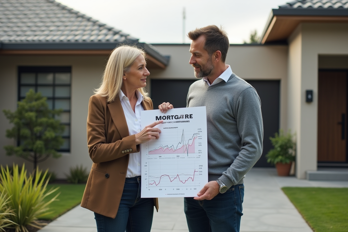 Couple regardant un graphique de taux hypothécaire devant une maison
