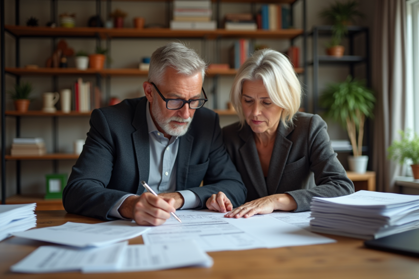 Couple de middleaged organisant des papiers à la maison