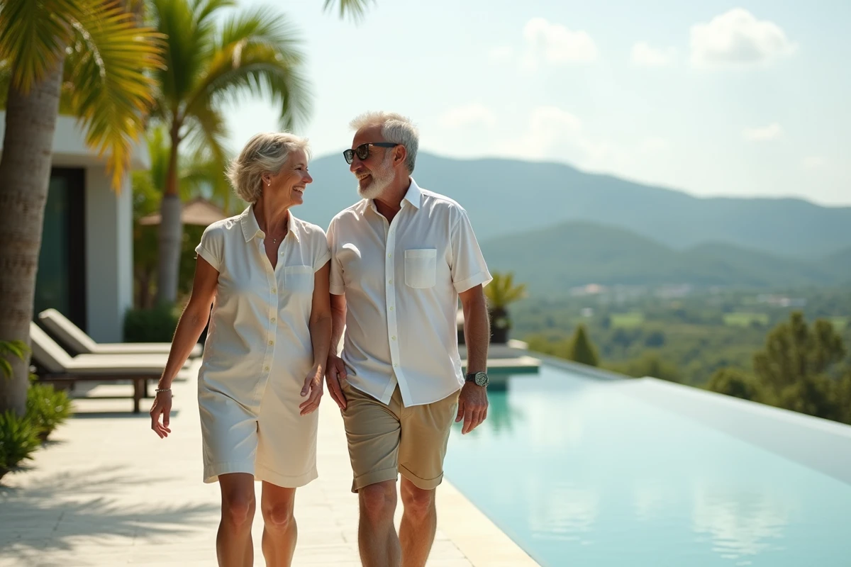 Couple retraité marchant au bord de la piscine en Thaïlande