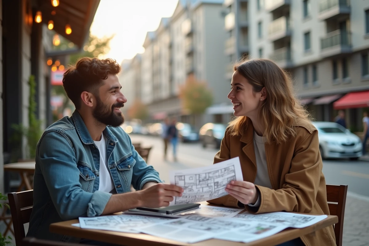 Jeune couple examine plans immobiliers au cafe