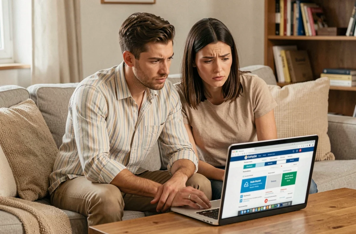 Couple comparant le prix de leur assurance habitation sur un ordinateur portable dans leur appartement
