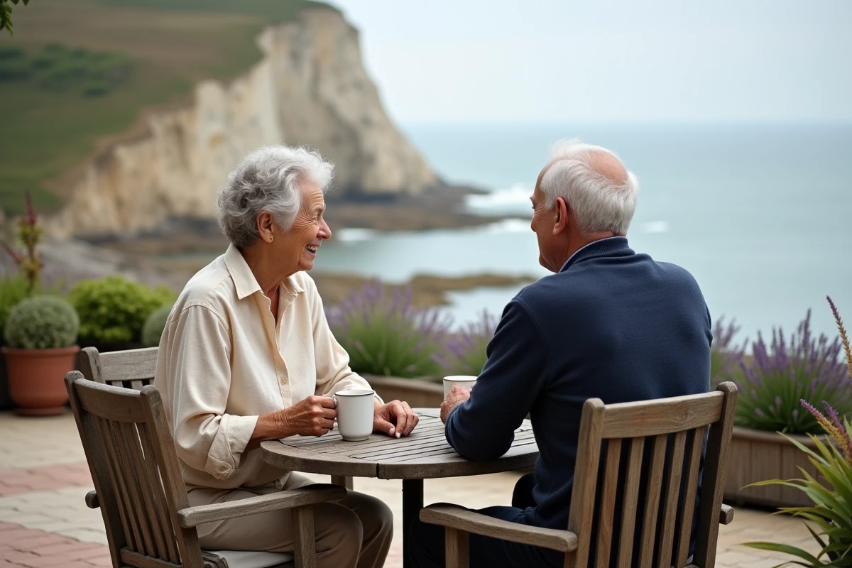 Couple de retraités profitant de la terrasse de leur petite maison normande avec vue sur la mer