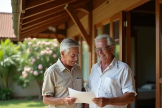 Couple de retraités occidentaux visitant une villa thaïlandaise traditionnelle à vendre avec jardin tropical