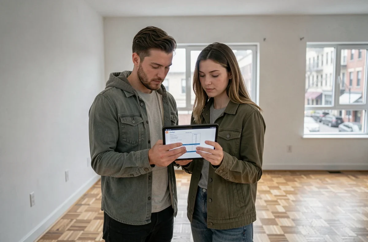 Couple vérifiant une liste de garanties d'assurance habitation sur tablette dans un appartement vide avant emménagement