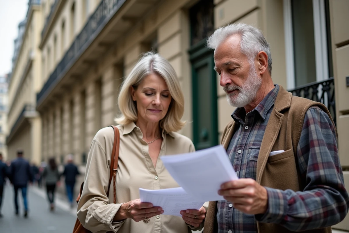 Un couple devant un immeuble haussmannien consulte les frais de notaire pour un achat en viager immobilier