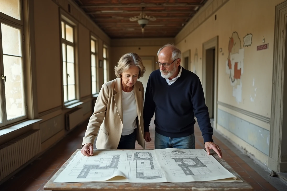 Couple examinant des documents dans le couloir délabré d'un manoir à rénover, illustrant les enjeux d'un achat immobilier à prix symbolique