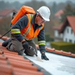 Ouvrier appliquant un produit d'étanchéité sur un toit rouge